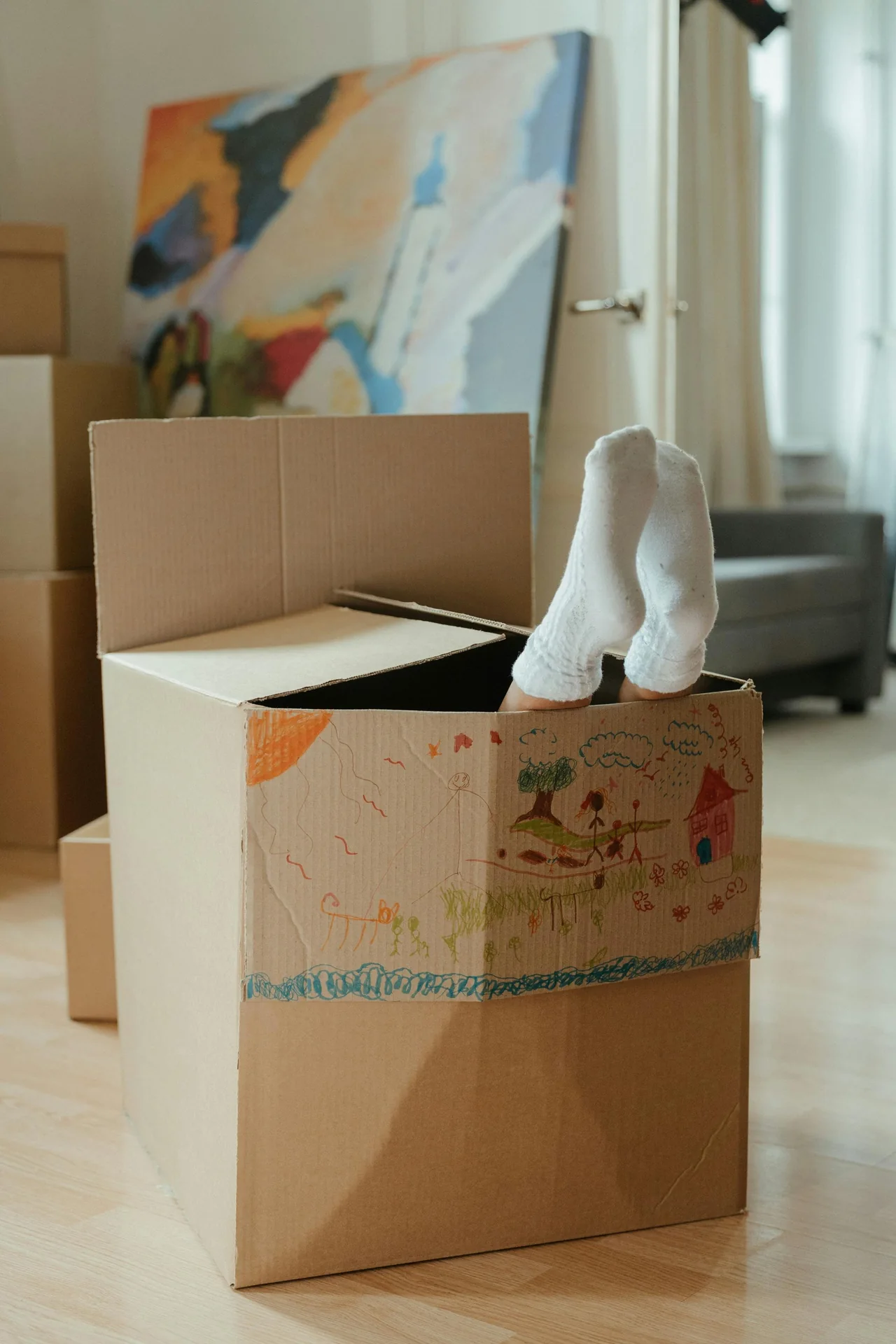 Moving boxes and a plant beside a window
