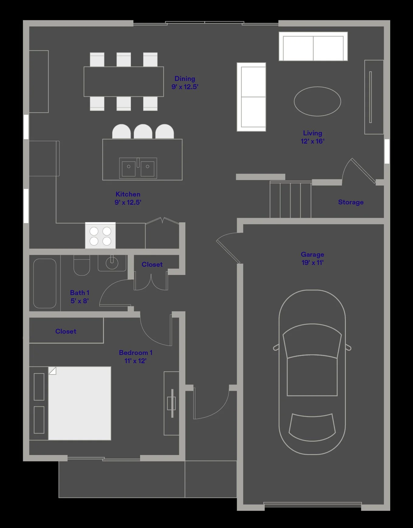 On Alba first-floor plan showing the kitchen, living area and garage