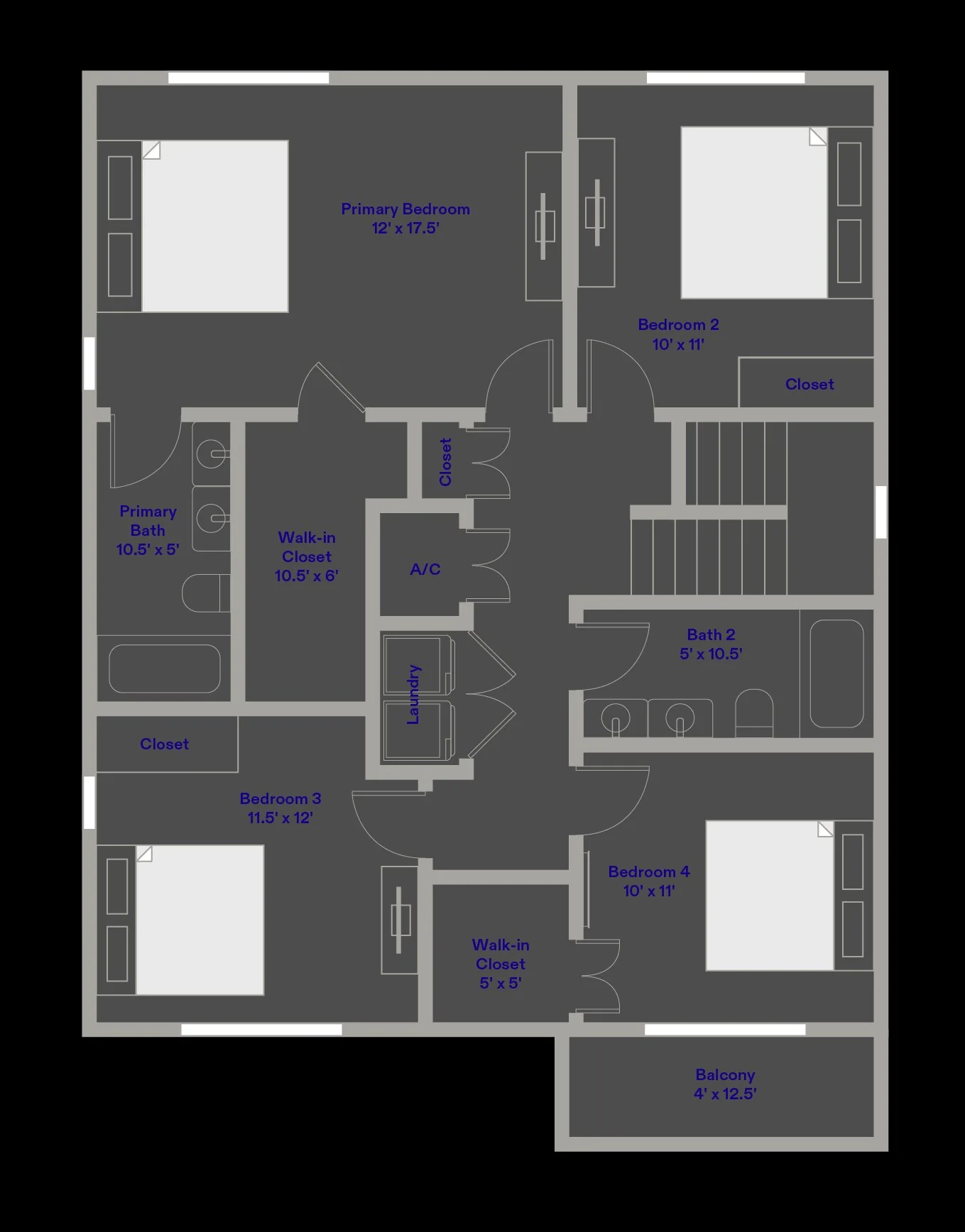 On Alba second-floor plan showing bedrooms and bathrooms