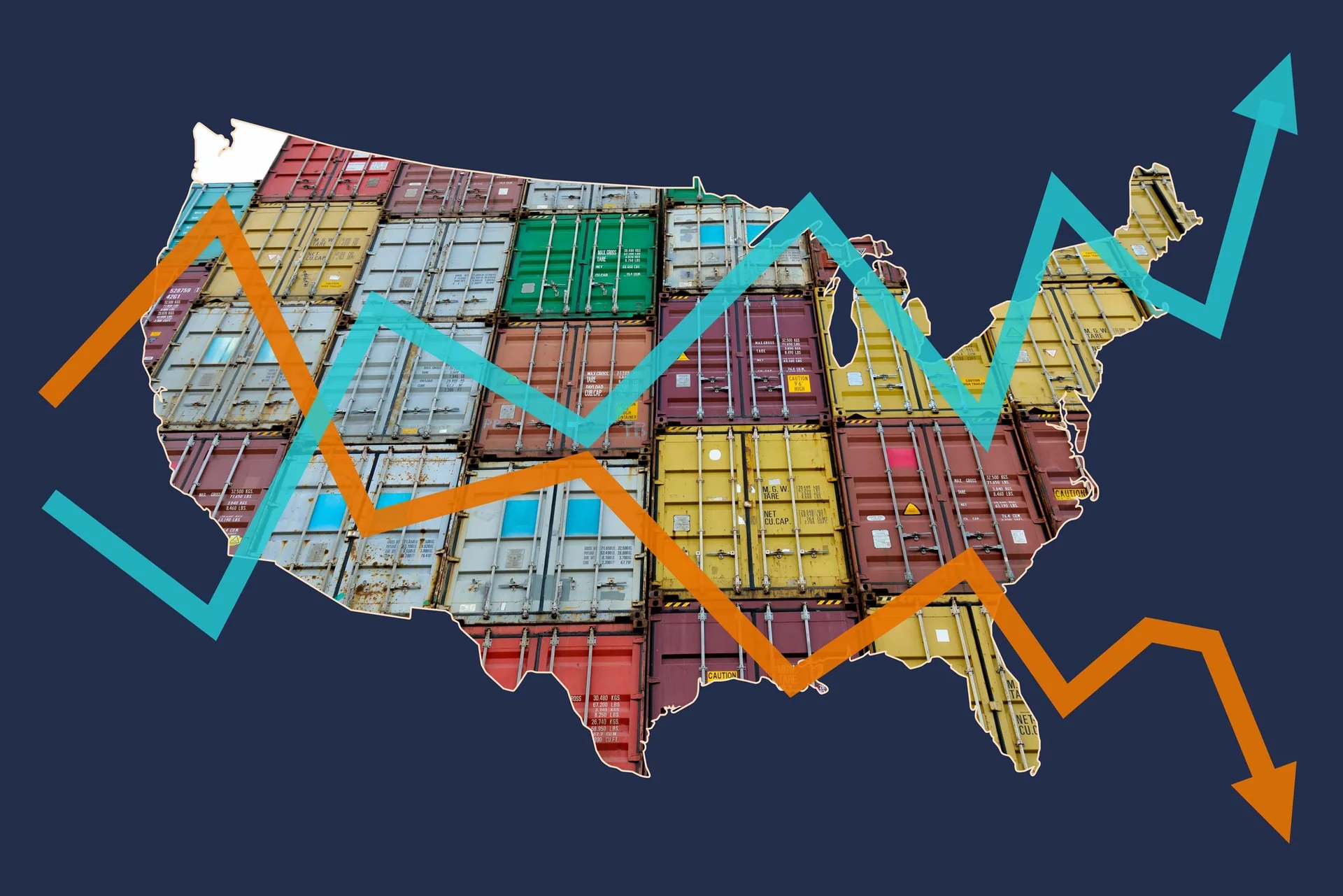 Map illustration with rising and falling market arrows