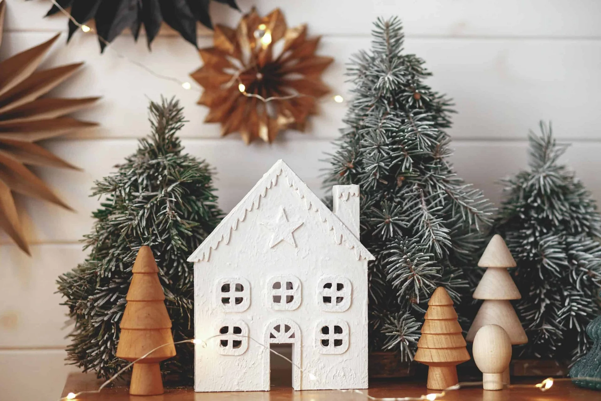 Miniature houses and trees in a holiday display