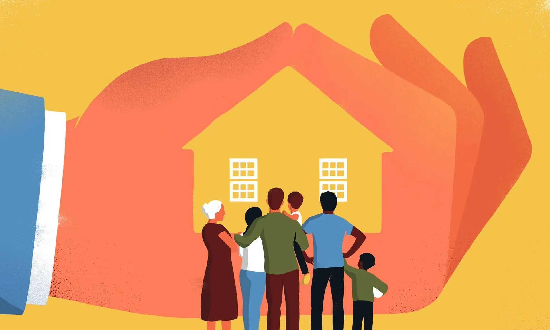 Illustration of a family protected by a home