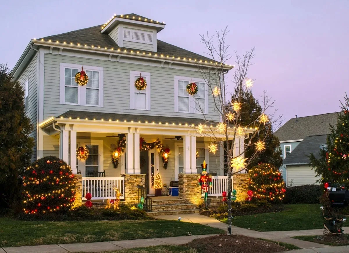 Home decorated with holiday lights